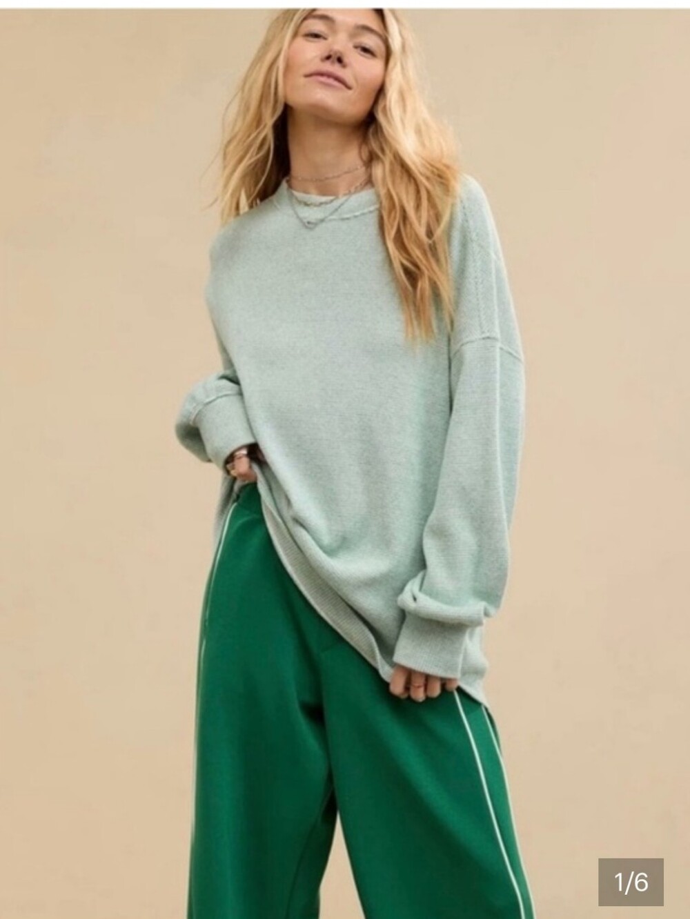 AERIE_ Oversized Getaway Waffle Sweatshirt — green/white Island Pine